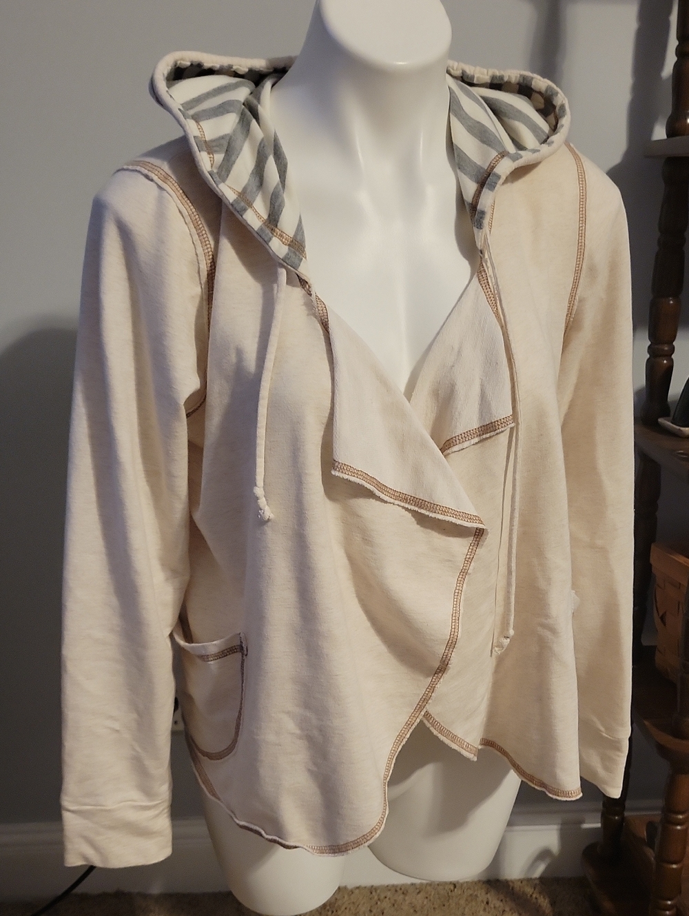 Rewind Cream and Gray Hooded Cardigan with Striped Trim..size LARGE
